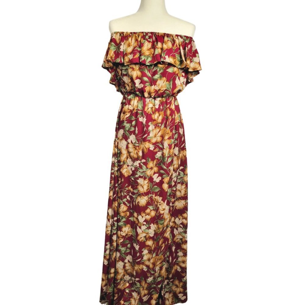 Altar'd State - Off-the-Shoulder Maroon Floral Pattern Maxi Dress - Small